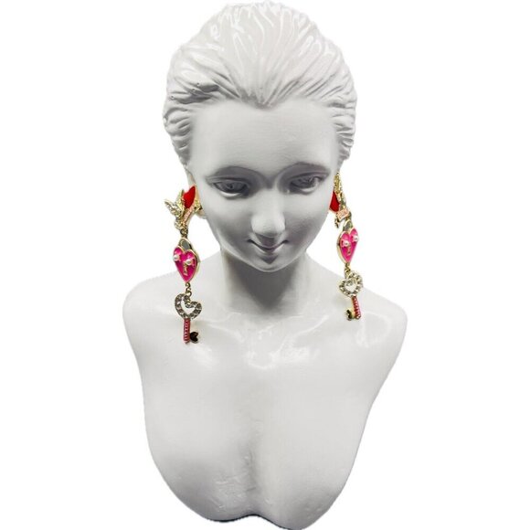 INC Pink Heart-Key-Dove Heart Pearl Crystal Detail Triple Drop Linear Earrings - Picture 4 of 4